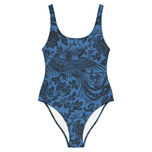 Load image into Gallery viewer, Melodia Gallery blue one-piece swimsuit with a dark blue phoenix and floral pattern. Made from recycled materials.