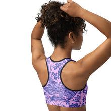 Load image into Gallery viewer, Melodia Gallery baby pink sports bra with purple floral and dragon print, racerback, for A-C cups.