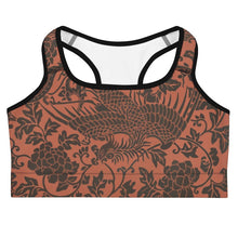 Load image into Gallery viewer, Melodia Gallery Phoenix + Floral recycled polyester sports bra with scoop neckline and racerback. Terracotta with dark brown phoenix and floral print.