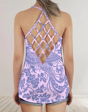 Load image into Gallery viewer, Melodia Gallery baby pink recycled polyester tank top with criss-cross back and vintage phoenix floral print.