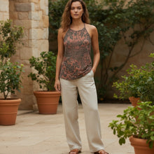 Load image into Gallery viewer, Melodia Gallery brown recycled polyester strappy tank top with phoenix and floral print, long sleeves.