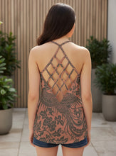 Load image into Gallery viewer, Melodia Gallery strappy tank top with phoenix and floral print, made of recycled polyester. Lattice back detail.