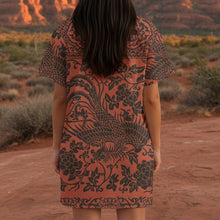 Load image into Gallery viewer, Melodia Gallery oversized cotton t-shirt dress in rust with a dark brown phoenix and floral print. Features ethnic, boho design.
