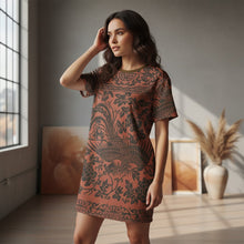 Load image into Gallery viewer, Melodia Gallery oversized rust cotton t-shirt dress with a dark brown phoenix and floral print. Features a crew neck and short sleeves.