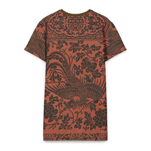 Load image into Gallery viewer, Melodia Gallery oversized cotton t-shirt dress in rust with a dark brown phoenix and floral print. Features a crew neck and short sleeves.
