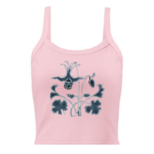 Load image into Gallery viewer, Melodia Gallery pink 100% cotton micro-rib tank top with a blue Art Nouveau columbine graphic print.