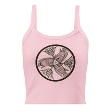 Load image into Gallery viewer, Melodia Gallery pink 100% cotton micro-rib tank top with a vintage fish and lotus graphic print.