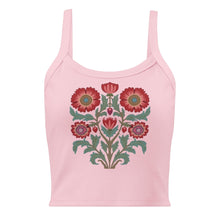 Load image into Gallery viewer, Melodia Gallery pink 100% cotton micro rib crop tank with vintage floral folk art graphic.
