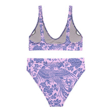 Load image into Gallery viewer, Melodia Gallery baby pink recycled high-waisted bikini set with blue floral and phoenix print.