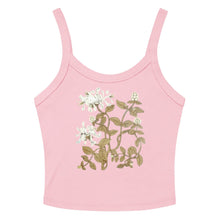 Load image into Gallery viewer, Melodia Gallery pink micro-rib cotton crop tank top with vintage honeysuckle floral design.