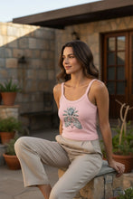 Load image into Gallery viewer, Melodia Gallery pink cotton micro rib crop tank with vintage lotus bloom graphic print.
