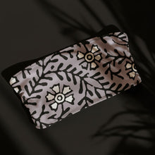 Load image into Gallery viewer, Melodia Gallery Flower + Vine Recycled Bandeau Bikini Top in light grey with black floral print. Soft, snug, strapless, double-layered, UPF 50+.