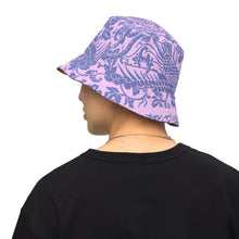 Load image into Gallery viewer, Melodia Gallery reversible bucket hat in lavender with blue phoenix and floral pattern. Offers sun protection.