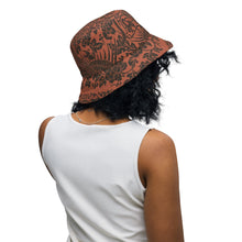 Load image into Gallery viewer, Melodia Gallery reversible bucket hat with phoenix and floral pattern in earth tones. Classic silhouette, all-day comfort, sun protection.