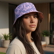 Load image into Gallery viewer, Melodia Gallery reversible bucket hat with pink and blue phoenix floral print on one side and brown floral print on the other.