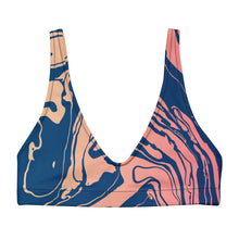 Load image into Gallery viewer, Melodia Gallery Sand Gold marble wash recycled padded bikini top, featuring a V-neck and adjustable straps.