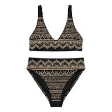 Load image into Gallery viewer, Melodia Gallery black bikini with beige lace-inspired pattern, high-waisted bottoms, V-neck top, removable pads.