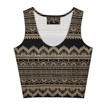 Load image into Gallery viewer, Melodia Gallery Shakti Lace Cotton Crop Top, black with beige lace pattern, form-fitting silhouette, 95% cotton, 5% elastane.