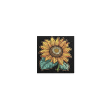 Load image into Gallery viewer, Melodia Gallery vintage-inspired sunflower car magnet with green leaves on a black background.
