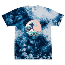 Load image into Gallery viewer, Melodia Gallery oversized tie-dye t-shirt in blue and white with a graphic of The Great Wave off Kanagawa.
