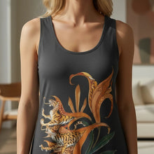 Load image into Gallery viewer, Melodia Gallery dark grey cotton bodycon dress with tiger lilies print. Sleeveless, scoop neck, vintage inspired.