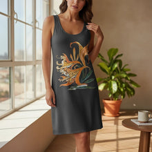 Load image into Gallery viewer, Melodia Gallery dark grey cotton bodycon dress with a vintage tiger and lily print on the front. Sleeveless, knee-length.