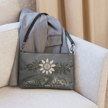 Load image into Gallery viewer, Melodia Gallery grey faux leather crossbody bag with vintage tiger and passionflower art print. Adjustable strap.