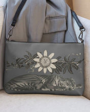 Load image into Gallery viewer, Melodia Gallery grey faux leather crossbody bag with a vintage tiger and passionflower print. Adjustable strap.