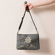 Load image into Gallery viewer, Melodia Gallery grey faux leather crossbody bag with tiger and passionflower art print. Adjustable strap.