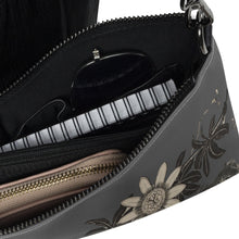 Load image into Gallery viewer, Melodia Gallery grey faux leather crossbody bag with tiger and passionflower print, interior view showing notebook, sunglasses, and wallet.