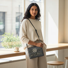 Load image into Gallery viewer, Melodia Gallery Tiger Passionflower crossbody bag in grey faux leather with adjustable strap. Features vintage art print.