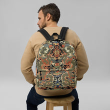 Load image into Gallery viewer, Melodia Gallery backpack with twin dragons and clouds in vermillion, jade, and gold on water-resistant polyester.