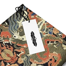 Load image into Gallery viewer, Melodia Gallery Twin Dragons crossbody bag with faux leather exterior featuring a vibrant 18th century Qing Dynasty tapestry design in vermillion, jade, and gold.