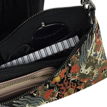 Load image into Gallery viewer, Melodia Gallery Twin Dragons Crossbody Bag with faux leather, featuring a Qing Dynasty tapestry design in vermillion, jade, and gold.
