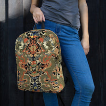 Load image into Gallery viewer, Melodia Gallery Twin Dragons backpack with 18th Century Qing Dynasty Kesi silk tapestry design in vermillion, jade, and gold.