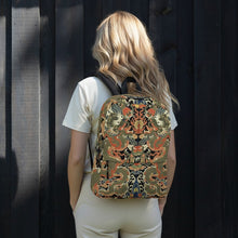 Load image into Gallery viewer, Melodia Gallery Twin Dragons backpack with 18th Century Qing Dynasty Kesi silk tapestry design in vermillion, jade, and gold.