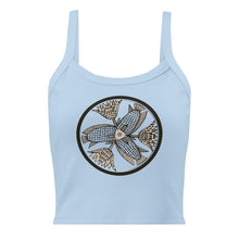 Load image into Gallery viewer, Melodia Gallery light blue 100% cotton micro-rib tank top with vintage fish and lotus graphic print.