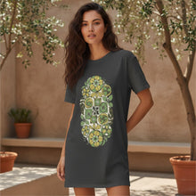 Load image into Gallery viewer, Melodia Gallery dark grey 100% cotton t-shirt dress with vintage floral art nouveau print.