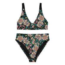 Load image into Gallery viewer, Melodia Gallery vintage lotus flower recycled high-waisted bikini with floral print and pink ribbon accents.