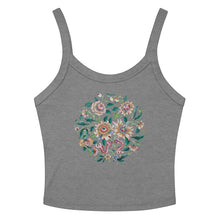Load image into Gallery viewer, Melodia Gallery grey micro-rib cotton tank top with vintage lotus floral graphic print and pink ribbon detail.