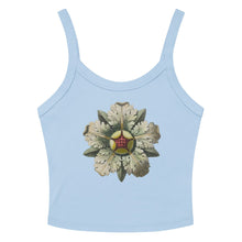 Load image into Gallery viewer, Melodia Gallery light blue 100% cotton micro-rib tank top with vintage rosette graphic.