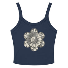 Load image into Gallery viewer, Melodia Gallery navy blue 100% cotton micro-rib tank top with vintage rosette graphic.
