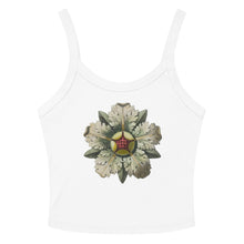 Load image into Gallery viewer, Melodia Gallery white 100% cotton micro-rib tank top with vintage rosette graphic design.