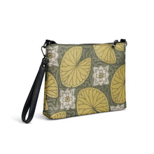 Load image into Gallery viewer, Melodia Gallery Art Nouveau crossbody bag with water lilies pattern, faux leather, dark gray hardware, and wrist strap.