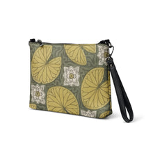 Load image into Gallery viewer, Melodia Gallery Water Lilies Art Nouveau Crossbody Bag in faux leather with yellow lily pads and white flowers on a sage green background.