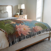 Load image into Gallery viewer, Melodia Gallery Water Lillies oil painting woven cotton blanket with pink flowers and green leaves, fringed edges.