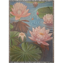 Load image into Gallery viewer, Melodia Gallery Water Lillies oil painting woven cotton blanket with pink flowers and green lily pads.