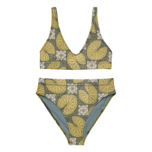 Load image into Gallery viewer, Melodia Gallery Water Lilly recycled polyester bikini set with high-waisted bottoms and V-neck top in yellow and green floral print.