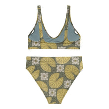 Load image into Gallery viewer, Melodia Gallery Water Lilly recycled polyester bikini set with high-waisted bottoms and a scoop neck top in a vintage floral pattern.
