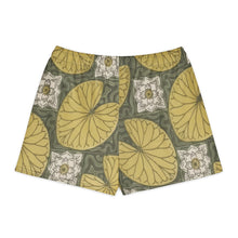Load image into Gallery viewer, Melodia Gallery Water Lily Unisex Cotton Shorts with Art Nouveau pattern in green and yellow.